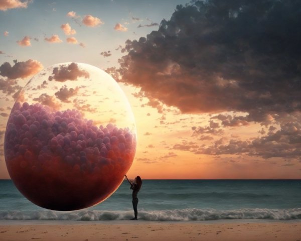 Serene beach sunset with silhouette and colorful orb