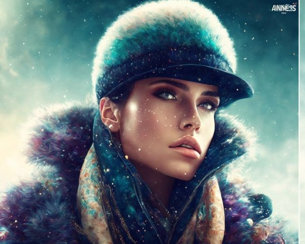 Portrait of a woman in winter attire with snowflakes