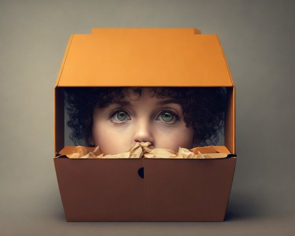 Child's Face Over Cardboard Box with Gray Background