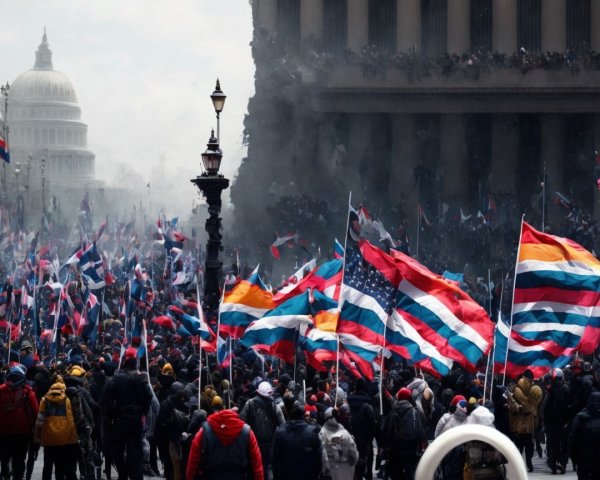 Crowd with Flags in Front of Government Building
