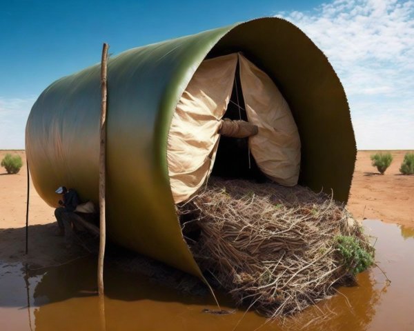 Curved Portable Tent in Muddy Water with Person Nearby