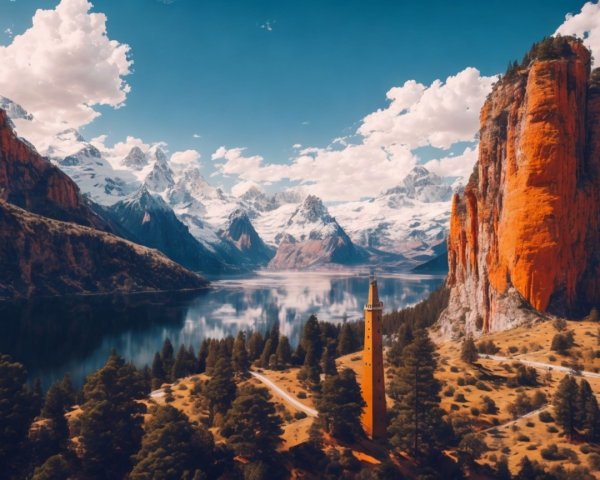 Serene Lake Surrounded by Snow-Capped Mountains