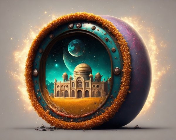 Ornate Portal Revealing Majestic Palace Landscape