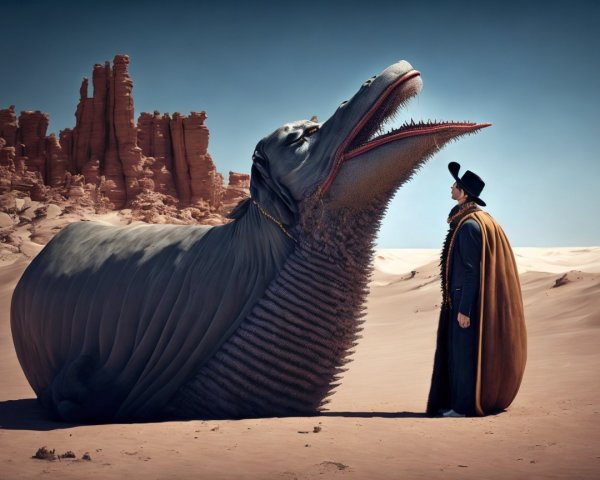 Surreal Desert Scene with Mythical Whale and Figure