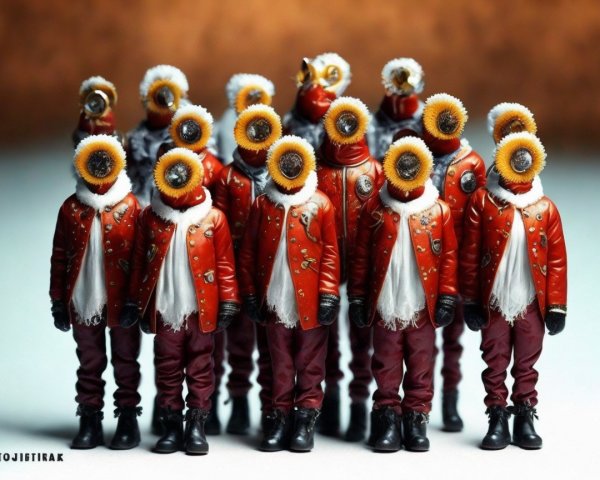 Whimsical Figurines in Red Jackets with Sunflower Heads