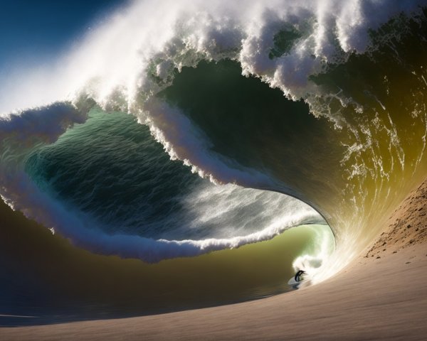 Surfer Inside a Massive Wave with Sunlit Colors