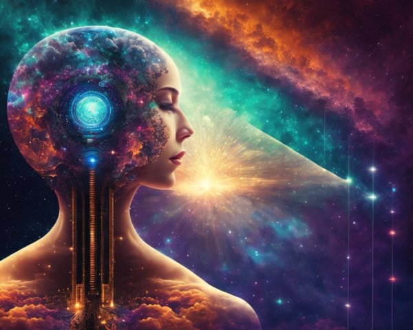Cosmic Humanoid Figure with Galaxy Head and Nebulae