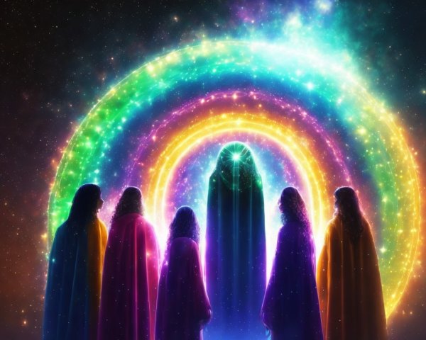 Cosmic Scene with Six Figures and Radiant Light