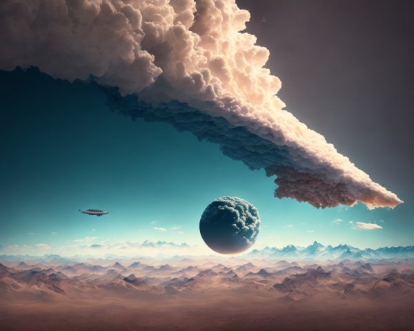 Surreal Desert Landscape with Airship and Planet