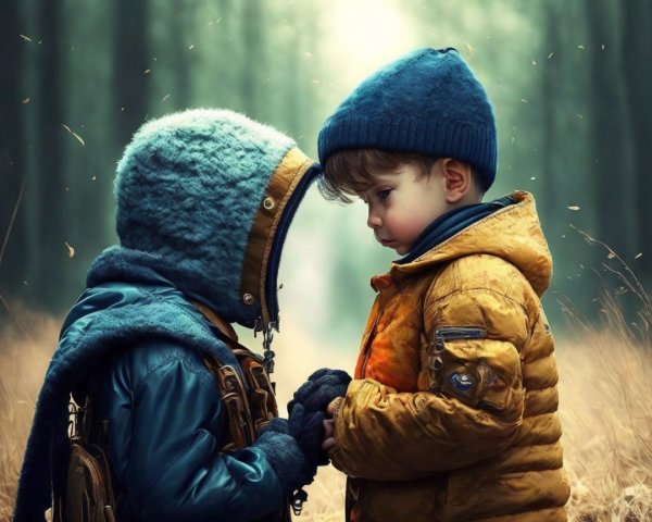 Children in Colorful Coats in a Misty Forest