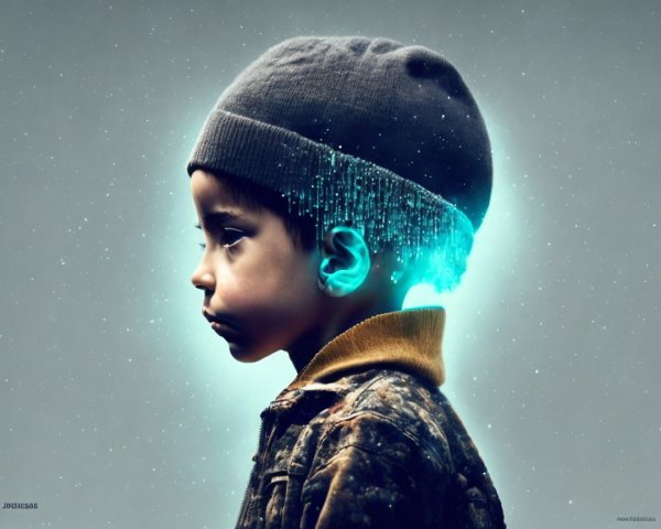 Young boy in profile with glowing digital aura