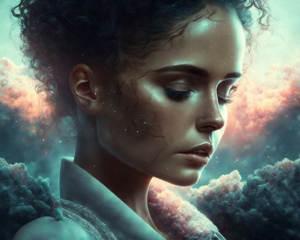 Portrait of a Young Woman Against Cosmic Backdrop