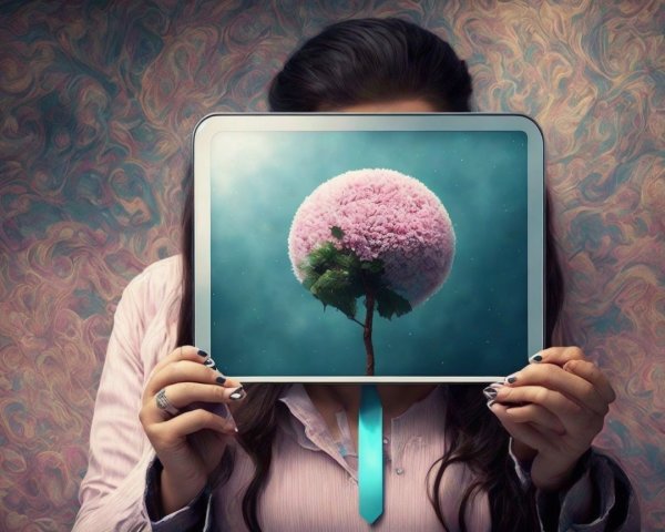 Surreal Image of Pink Tree on Tablet with Dreamy Background