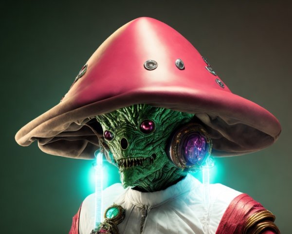 Alien Figure with Pink Mushroom Hat and Jewelry