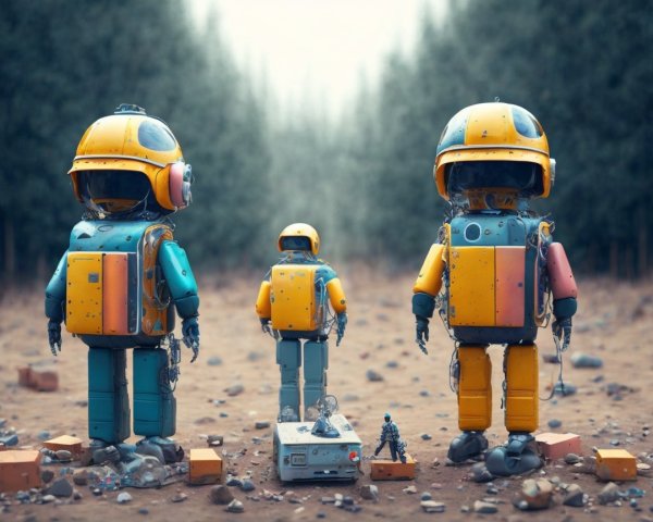 Colorful Retro-Futuristic Robots in Forest Clearing