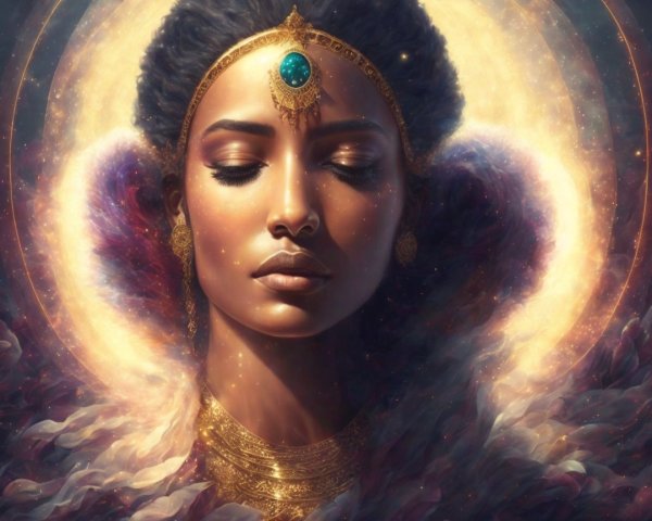 Ethereal Woman with Gold Jewelry and Emerald Gemstone