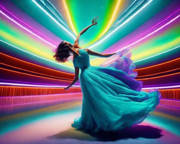 Dancer in Turquoise Gown Amid Neon Lights