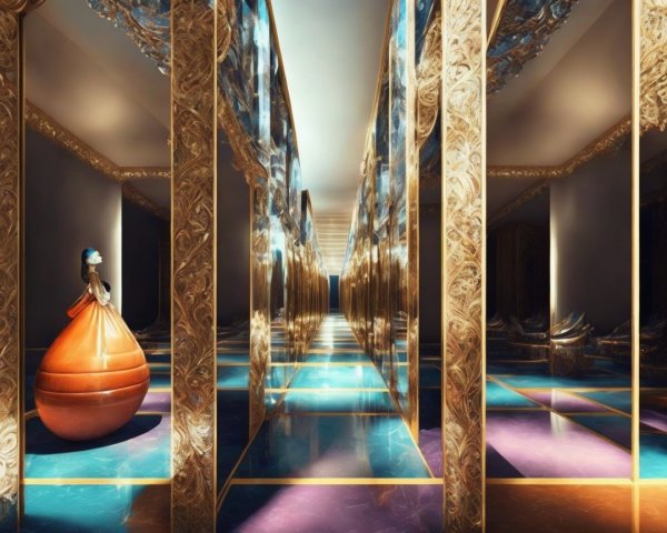 Luxurious corridor with golden details and modern sculpture