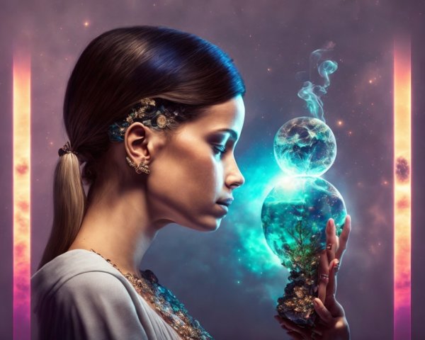 Serene Woman Contemplating Ethereal Earth Orb