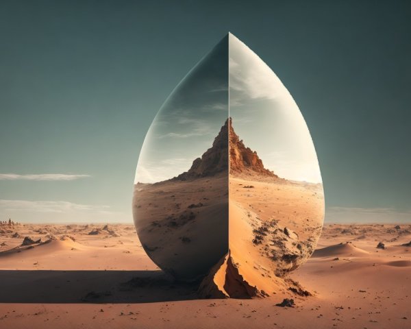 Surreal Landscape with Reflective Teardrop in Desert