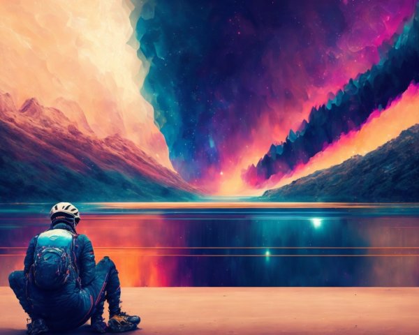 Lone Figure by Tranquil Lake Under Cosmic Sky