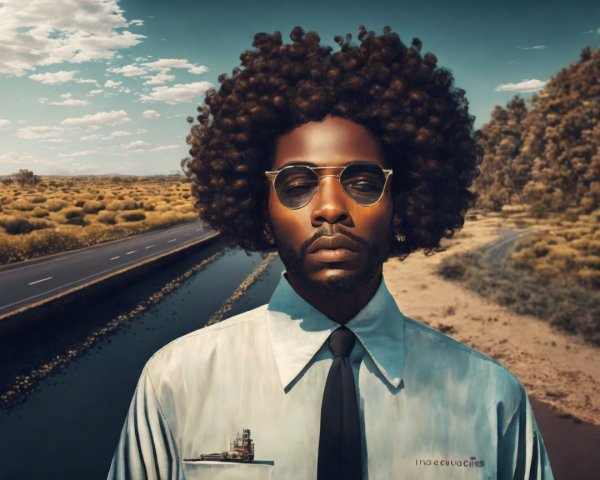 Man in Afro and Sunglasses on Empty Road Landscape