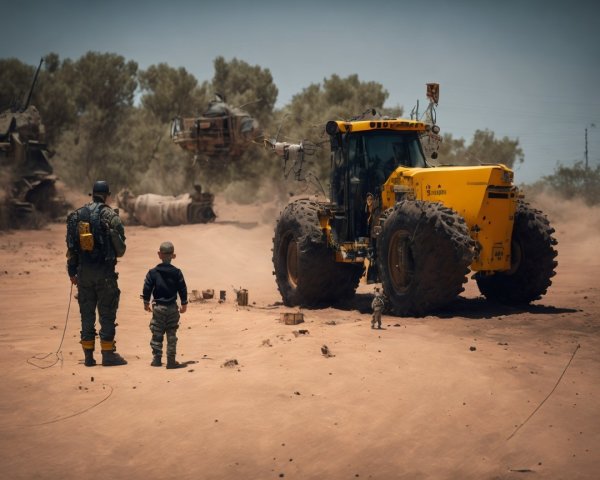 Soldier and Child Observe Bulldozer in Dusty Terrain