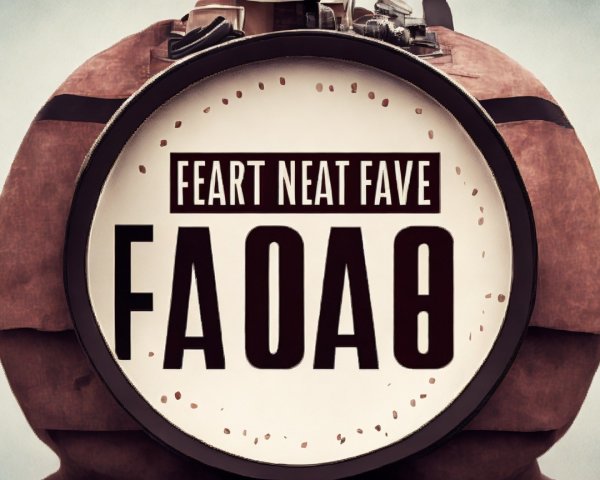 Round emblem with bold text and industrial background