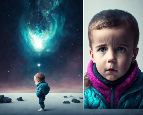 Child in Cosmic Landscape with Nebula and Worried Expression