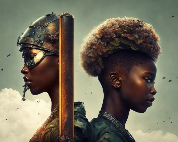 Powerful Figures in Armor Against Stormy Background