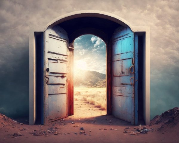 Ancient Double Door in a Desolate Landscape Scene