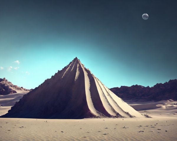 Desert Landscape with Pyramid-Shaped Sand Dune and Moon