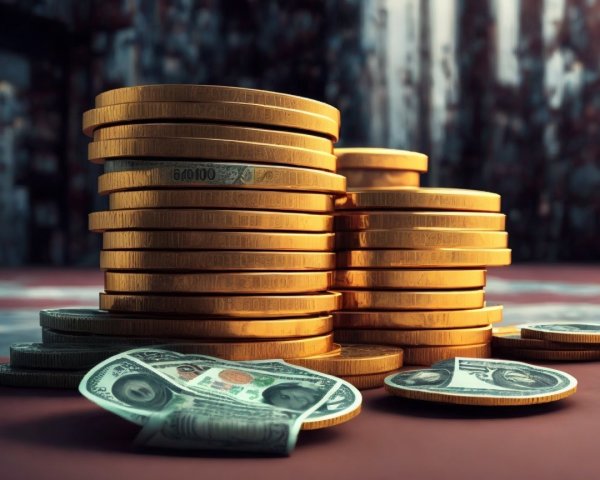 Stack of Golden Coins and Scattered Dollar Bills