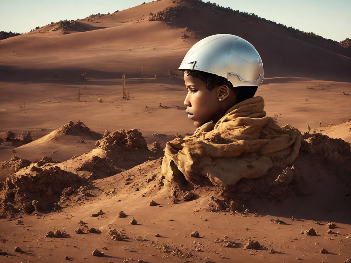Young Figure in Futuristic Gear in Desert Landscape
