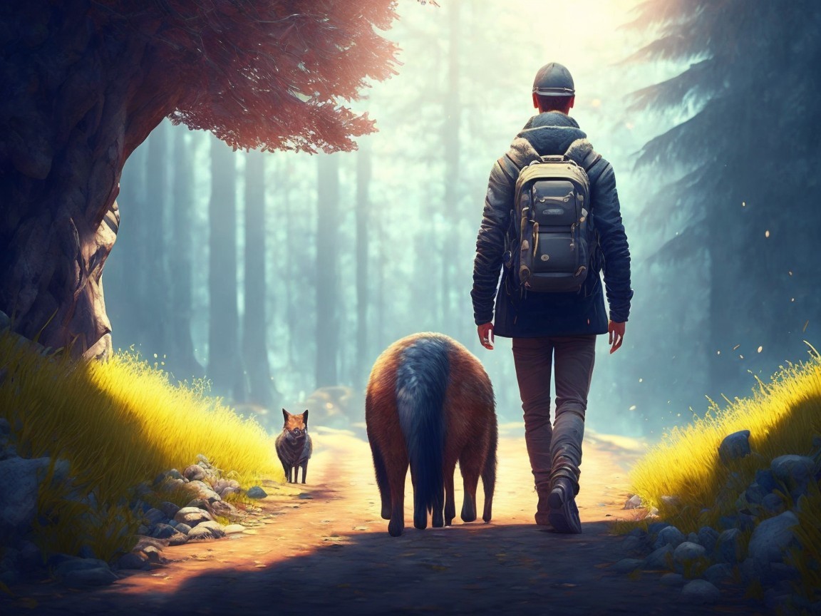 Serene Forest Path with Traveler and Animals