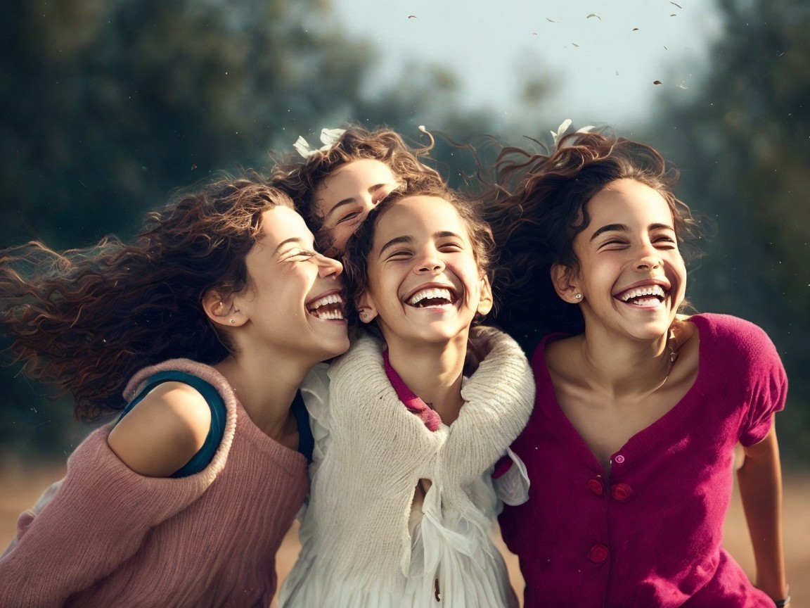 Joyful outdoor scene of four girls laughing together