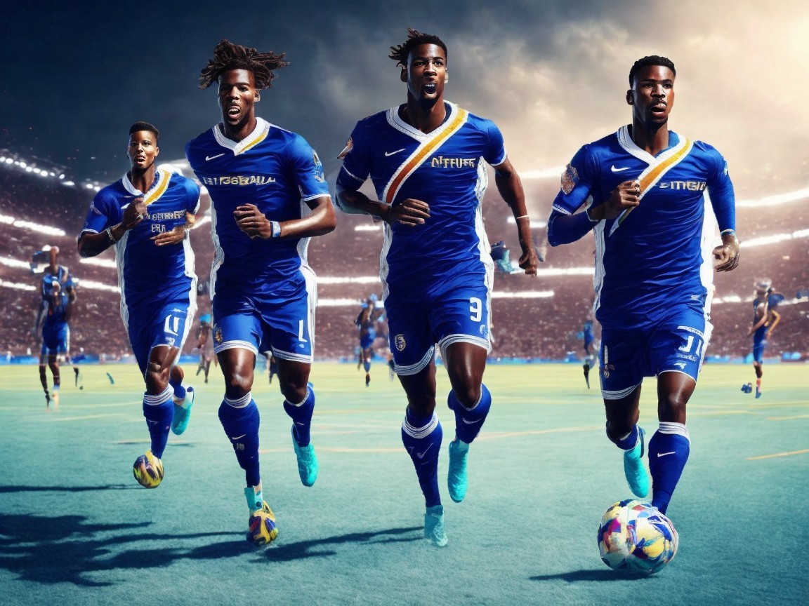 Athletes Sprinting in Blue Jerseys on Soccer Field