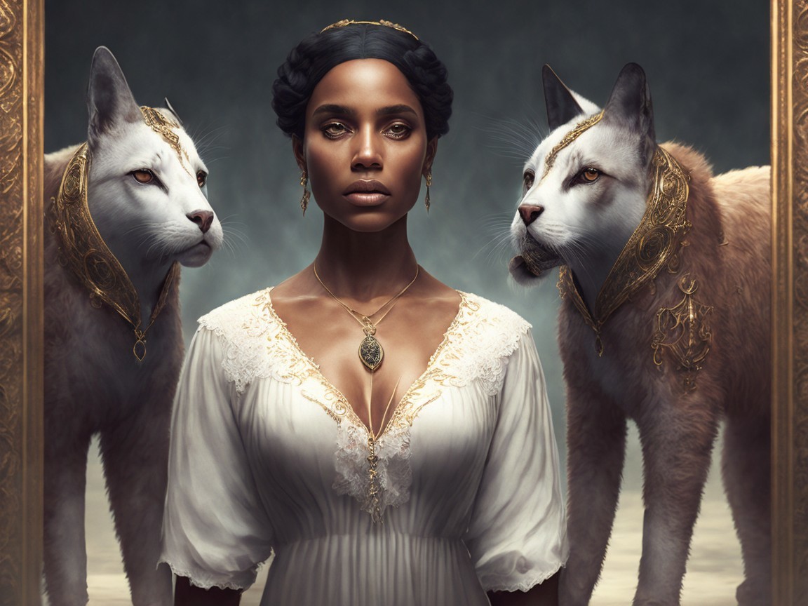 Regal Woman in Elegant Dress with Majestic Cats