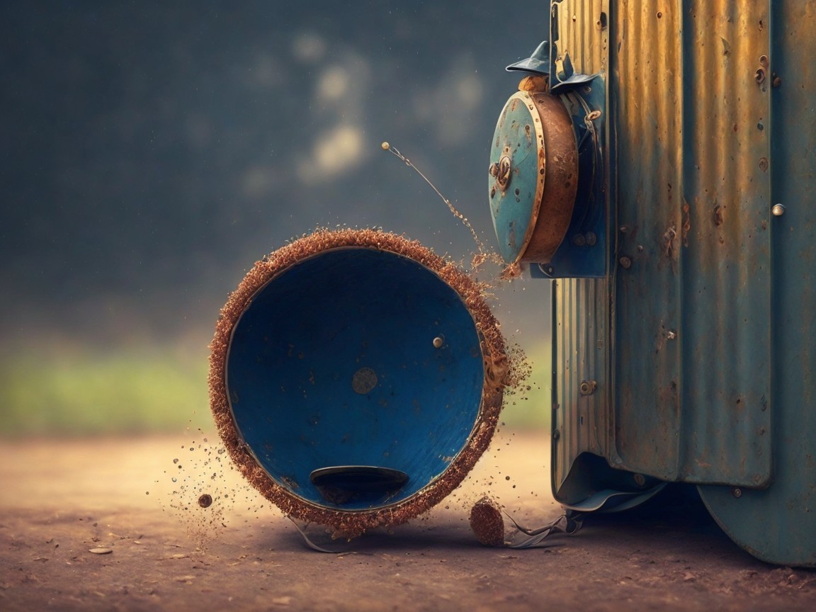 Rusty Blue Container Spilling Contents on Dusty Ground