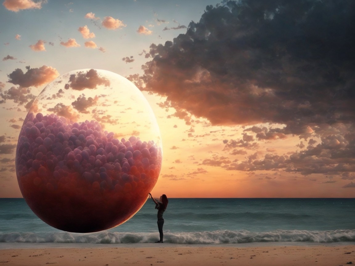 Serene beach sunset with silhouette and colorful orb