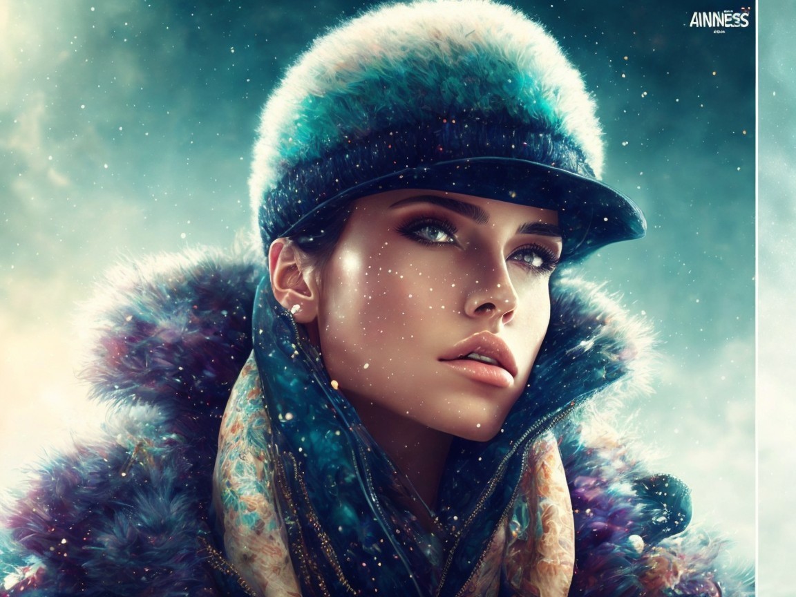 Portrait of a woman in winter attire with snowflakes