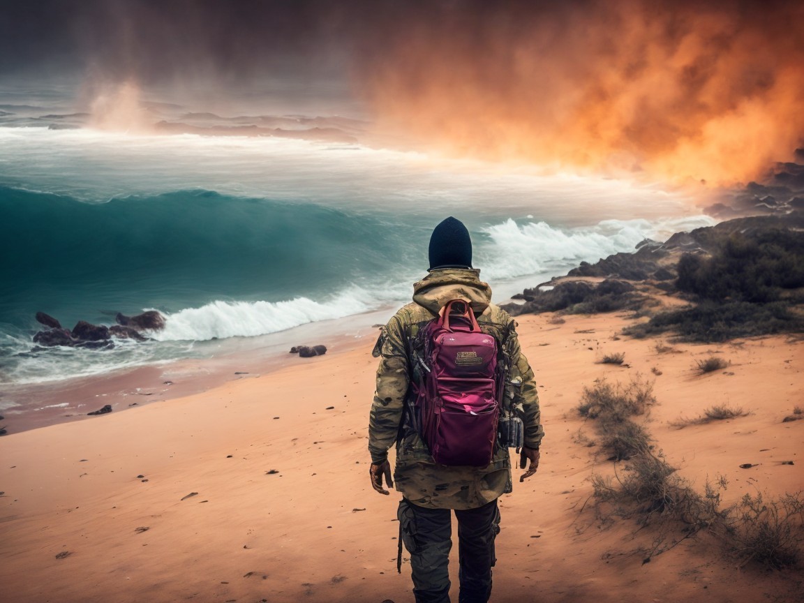 Lone Figure on Beach Facing Turbulent Waves and Clouds