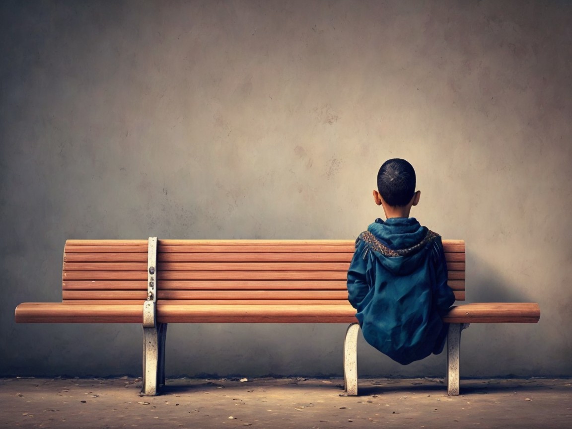 Young Boy in Blue Jacket on Wooden Bench Alone