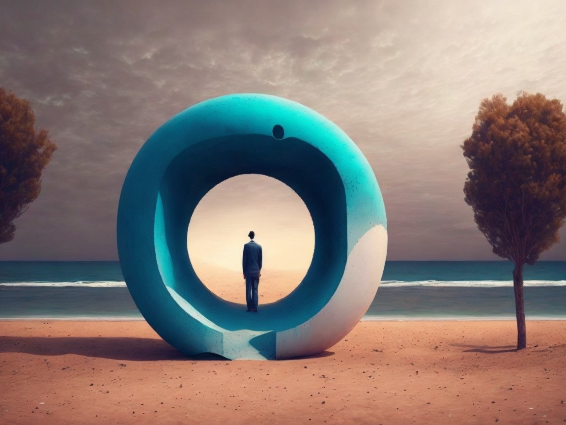 Solitary Figure by Vibrant Circular Sculpture at Beach