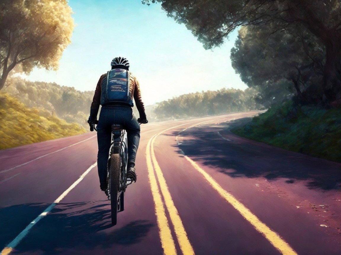 Cyclist on Winding Road Surrounded by Greenery