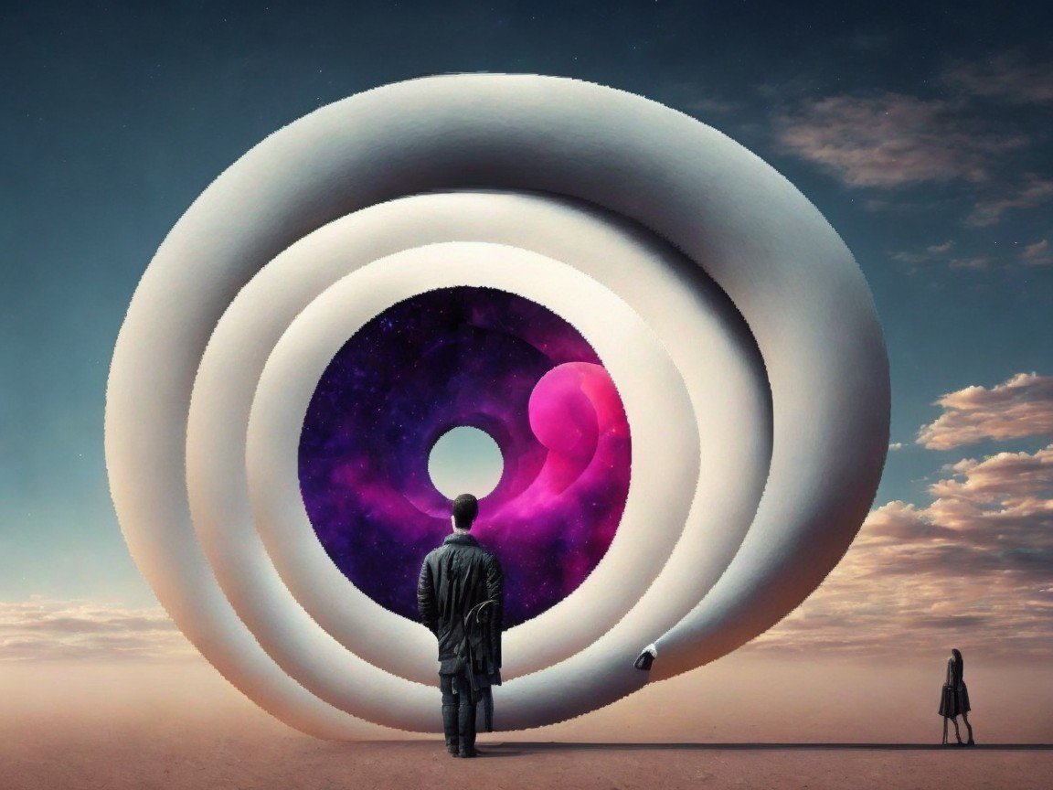 Surreal Landscape with Cosmic Structure and Figures