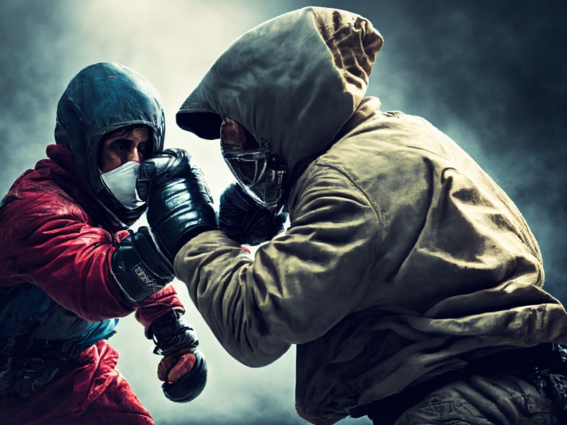 Fighters in Protective Gear Face Off in Dramatic Scene