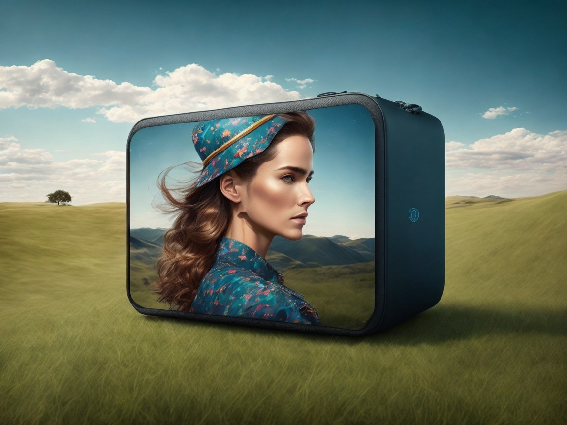 Stylish Blue Case with Woman's Profile in Scenic Setting