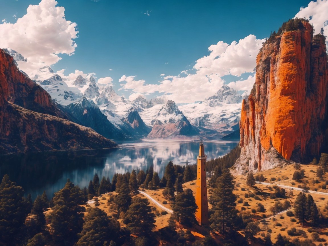 Serene Lake Surrounded by Snow-Capped Mountains