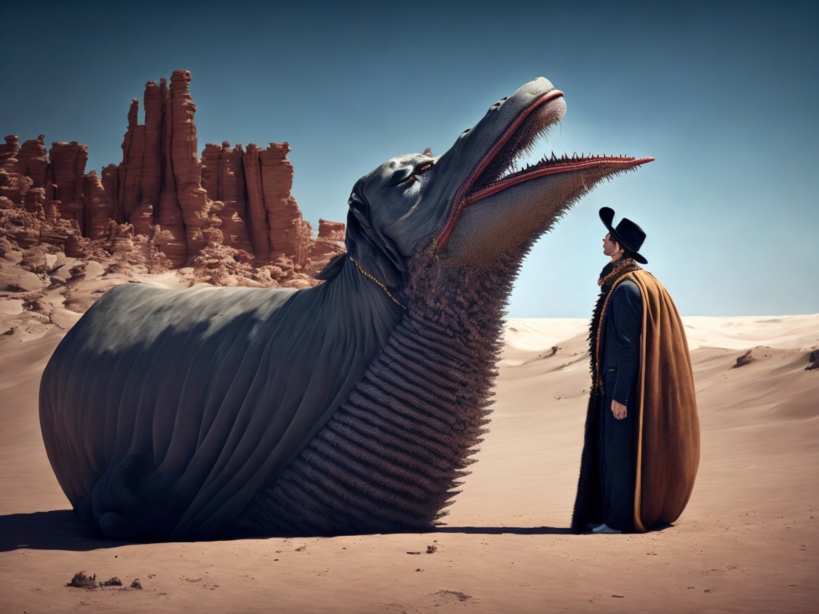 Surreal Desert Scene with Mythical Whale and Figure